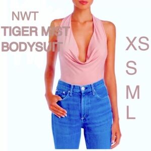 NWT TIGER MIST pink bodysuit dusty rose pink, silky highleg low drape halter